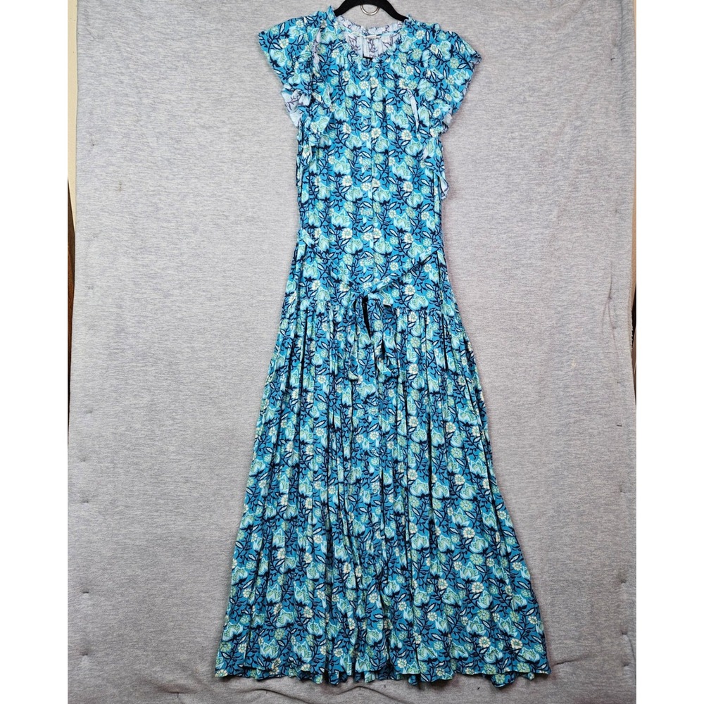 Sundance Blue Floral Ruffle Cap Sleeve Button Front Tiered Maxi Dress Medium